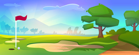 Empty golf course on nature landscape with red flag, white ball on grass, trees and blue cloudy sky. Countryside place of sport field for golf with sand bunker, green lawn cartoon vector illustration.のイラスト素材