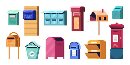 Flat mailbox or post box set. Color letterboxes for correspond letters delivery. Street stainless mail boxes or containers for paper correspondence, postal envelopes vector cartoon illustration.のイラスト素材