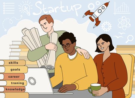 business startup concept. Flat diverse people work together with laptop, books. Teamwork develop idea or launch project boost. Successful start up product development. Man analyzing company statisticsのイラスト素材