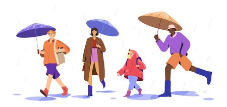 Flat set of multicultural people with umbrellas walking in puddles at rainy weather. Stylish young man, woman and happy child characters under stormy rain. Monsoon season with rainfall in city street.のイラスト素材