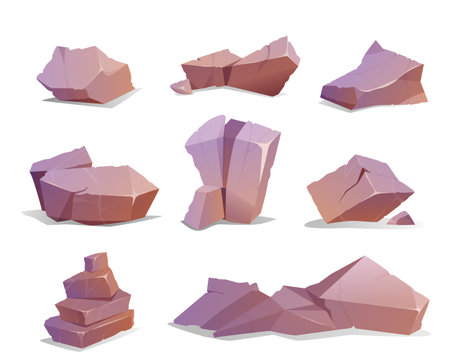 Cartoon set of big stones, rough boulders, granite blocks or hard rock lumps. Solid mountain debris, natural geological materials for game ui. Gui texture elements, broken rocky cobbles collection.のイラスト素材