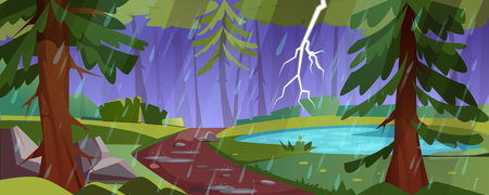 Forest landscape with pond, green trees and bushes in rain. Nature scene with lake, footpath with stones and lightning in dark sky. Vector cartoon illustration of natural park with thunderstorm.のイラスト素材
