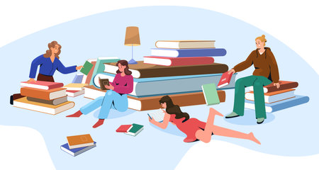 Bookcrossing or book exchange concept with group of reading young people. Flat women and men read, exchange and borrow books in library or bookshop. Happy readers swap literature.のイラスト素材