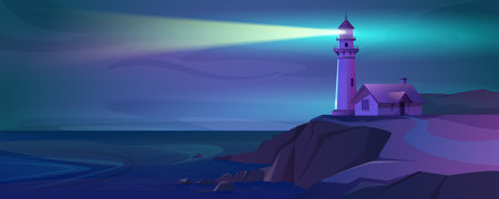 Cartoon working lighthouse with a beam of light at night. Marine navigation tower on sea coast, ocean shore. Coastline landscape with beacon and signal building with glowing ray. Seashore in the darkのイラスト素材