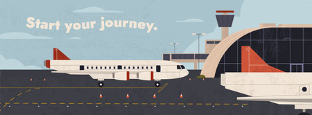 Airport terminal building and airplanes on runway. Flat metropolis airport with aircraft. Flight journey or vacation trips by air transport. Aviation station, airfield cartoon vector illustrationのイラスト素材
