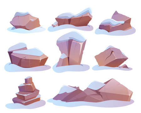 Cartoon set of pile stones or boulders with snow heap. Granite blocks, hard rock lumps in winter. Solid mountain debris or natural geological materials for games ui. Broken rocky cobbles collection.のイラスト素材
