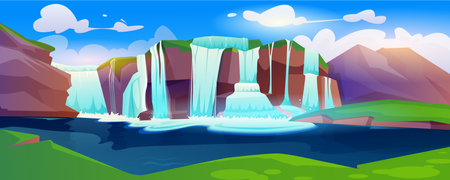 Jungle forest cartoon landscape with waterfall. Tropical natural scenery with cascade of rocks with flow water to creek or lake. River stream flowing from stones in wild parkのイラスト素材
