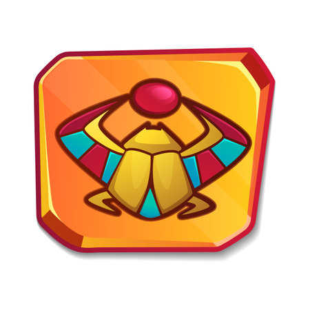 Cartoon golden stone board with egyptian scarab beetle. Blank clay tablet with culture religious symbol. Gold ancient Egypt icon for graphical user interface, game design on white background.のイラスト素材