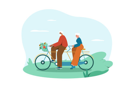 Flat happy senior man and woman cycling in the park. Recreation, leisure activities or hobby of aged people in retirement. Smiling elderly characters riding bicycle together. Active lifestyle concept.のイラスト素材
