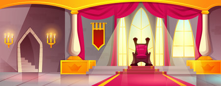 Cartoon medieval castle with empty ballroom, burning candles and red carpet path to king throne on pedestal. Royal palace interior hall or ceremony room with columns, curtains on window, queen chair.のイラスト素材