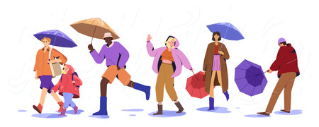 Flat people with umbrellas and raincoats walking in puddles at rainy weather. Stylish characters and happy child under stormy rain in autumn windy day, Monsoon season with rainfall in city street.のイラスト素材
