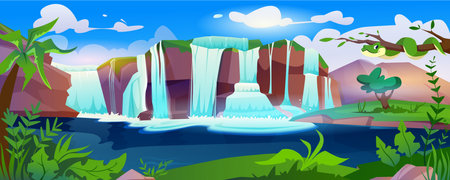 Jungle forest cartoon landscape with waterfall cascade. Tropical natural scenery of wild park with lake, palm tree, green fern leaves and boa on branches. River stream flowing from stones to creek.のイラスト素材