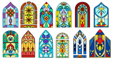 Colorful stained glass windows of vintage church buildings. Cartoon set of colored gothic mosaic decoration for interior of castle, catholic cathedral, antique chapel, religious house or palace.のイラスト素材