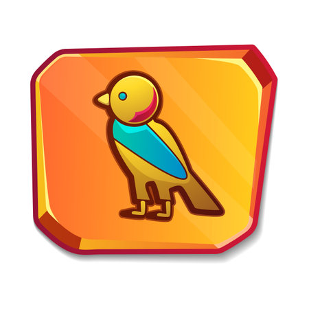 Cartoon stone board or blank clay tablet with golden egyptian bird. Culture religious sacred old symbol. Ancient object for graphical user interface, game design isolated on white background.のイラスト素材