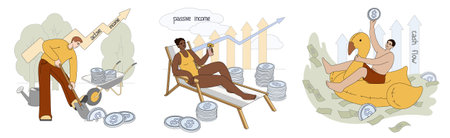Cash flow, passive and active income concept. Flat businessman with shovel digging up coins. People work and money coming. Receive profit or increase income. Woman relax and get cash, stock dividendsのイラスト素材