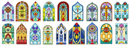 Flat set of colorful stained glass windows of vintage church buildings. Colored gothic mosaic decoration for interior of catholic cathedral, castle, antique chapel, palace or religious house.のイラスト素材