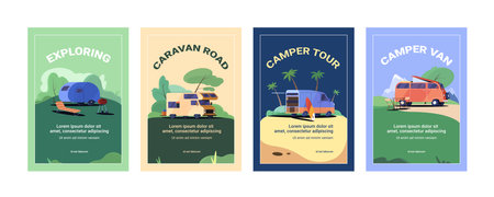 Set of camp posters with camper van, chair and surfboard. Flyer with camping trailer cars. Rv caravan transportation, motorhome or trucks. Vector banner with summer landscape with trees and campsite.のイラスト素材