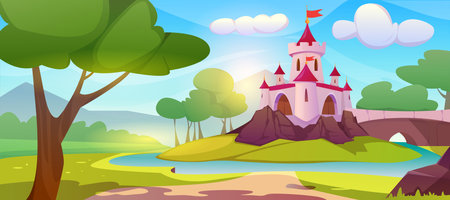 Cartoon pink magic princess castle on hill. Summer landscape of fairy tale kingdom, medieval palace with turrets surrounded with water, green trees, field and bridge with road to royal chateau.のイラスト素材