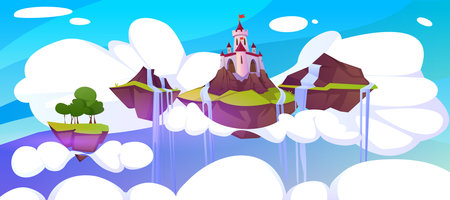 Cartoon magic pink castle and waterfall on floating island. Summer landscape of fairy tale kingdom, medieval royal palace with turrets flying in blue sky with clouds, water, green trees and field.のイラスト素材
