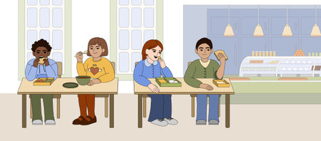 Flat children eat food in school canteen. Happy multiracial kids sitting at table and eating sandwiches from container boxes. Cafeteria interior with chairs, tables and counter bar.のイラスト素材