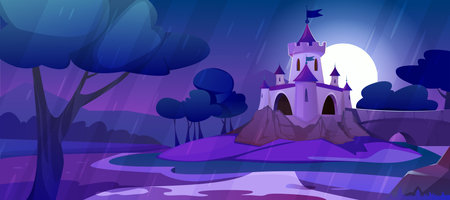 Cartoon magic castle on hill at rainy weather. Landscape of fairy tale kingdom in moon light at night. Medieval palace with turrets, water stream, trees, field and bridge with road to royal chateau.のイラスト素材