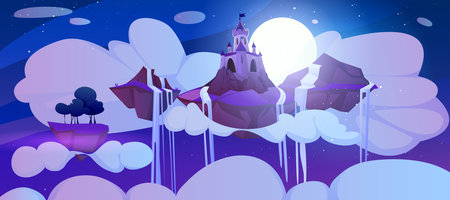 Cartoon magic castle and waterfall on floating island at night. Landscape of fairy tale kingdom flying in dark sky. Medieval royal palace with turrets on piece of rock float at full moon midnight.のイラスト素材