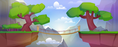 Summer landscape with mountains, plants, clouds and suspension bridge over precipice between cliffs. Cartoon vector illustration of rocks, green grass and trees, wooden footbridge over abyss at day.のイラスト素材
