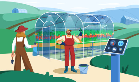 Flat farmer people in greenhouse with control digital wireless device. Smart farm, futuristic technology for growing or watering plants. Agricultural automation with innovation technology management.のイラスト素材