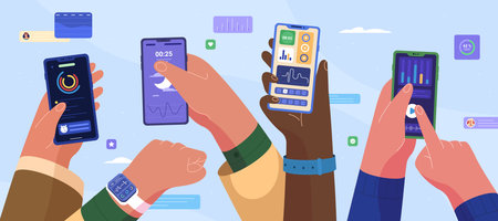 Flat people hands with smartwatch for health and sleep control. Digital electronic device or smart watch tracker app for healthy lifestyle and sleeptracker.のイラスト素材