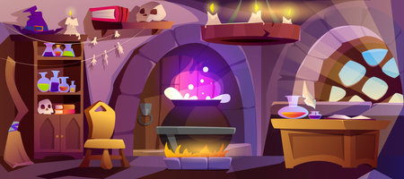 Cartoon witch house with big cauldron, broom for flying and hat. Interior of wizard or sorceress room in medieval castle with magic bottles, candles and shelves with potions, books and skull.のイラスト素材