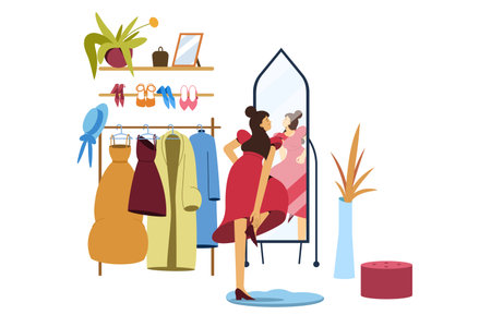 Flat girl in dress in wardrobe stand in front of big mirror and choose outfit. Young woman in pacious walk-in closet or boutique shop. Clothes and accessories on floor hanger and shelves.のイラスト素材