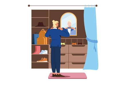 Flat man in wardrobe stand in front of mirror and choose butterfly tie. Male character in suit in pacious walk-in closet or dressing room. Clothes and accessories on wardrobe shelves.のイラスト素材