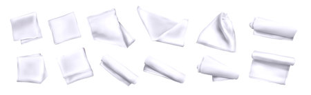 Vector realistic set of 3d kitchen towels or tablecloths in top view. Folded napkins, cotton textiles or fabric table clothes isolated on white background.のイラスト素材