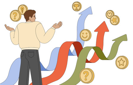 Flat man choose the right way to success. businessman making decision. Confused person or student looking at multiple pathways and thinking about the right path. Business challenge or choice way concept.のイラスト素材