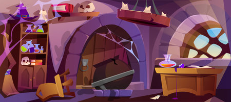 Cartoon abandoned witch house with broken furniture and crushed cauldron. Interior of wizard or empty sorceress room in medieval castle with spider webs, broomstick, hat and stuff for magic.のイラスト素材