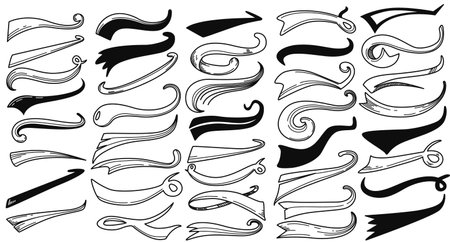 Sports swash underline shapes set in retro style. Swoosh text tails, black swirl for baseball or football sport. Hand drawing swish curl typographic illustration isolated on white background.のイラスト素材