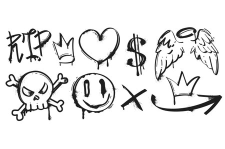 Black paint spray graffiti with heart, angel wings, crown, skull, arrow and cross symbols. Painted elements isolated on white background. Street art with splatter and drips.のイラスト素材
