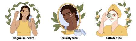 Skin care routine with natural skincare products. Young girls using eco organic vegan cosmetics. Flat women doing home spa procedures with sulfate free serum and mask at bathroom.のイラスト素材