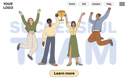 teamwork victory. business people celebrate success. Happy employee team with golden cup celebrating win. Characters hold award trophy flat vector web banner. Successful company workers landing page.のイラスト素材