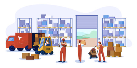 Flat warehouse logistics interior with forklift, lift truck with driver and cardboard boxes on metal racks. Post office or storehouse with goods on shelves and workers. Loaders work in freight storageのイラスト素材
