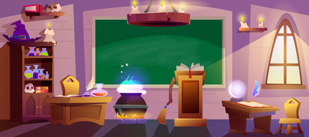 Cartoon magic school classroom with chalkboard, cauldron, witch hat and wooden desks for pupils. Empty wizard room with spell book, broom, window, glowing candles and green blackboard.のイラスト素材