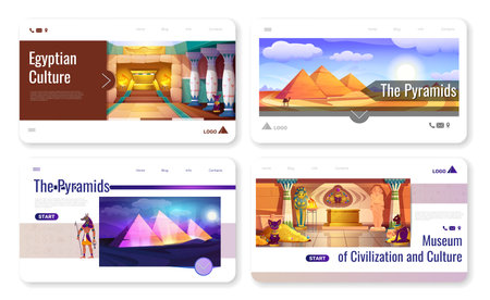 Cartoon banners with pyramids and temples in sand desert. Set of landing pages with architecture buildings of ancient Egypt, pyramids, gods and old palace with treasures.のイラスト素材