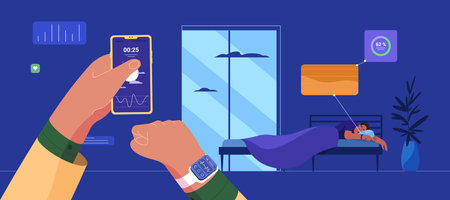 Flat man sleeping in bed with electronic smart watch on hand that analysis sleep quality data. Sleeptracker or diagnostic tracker app for heart rate control.のイラスト素材