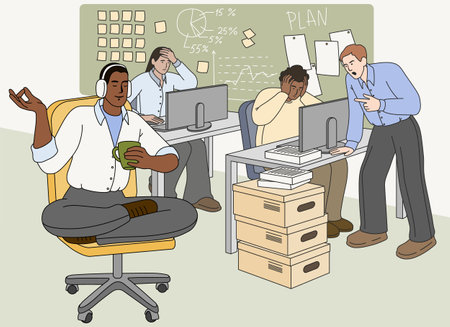 Flat angry boss standing over tired employees and yelling at workers. Tired characters feeling stress at work, man meditating in lotus pose and keep calm. Leader or colleague pressure office people.のイラスト素材