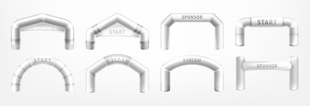 Set of realistic 3d white inflatable arches for sports competition. Arch gates of different shapes for marathon, races and outdoor sport events. Start and finish archways isolated on background.のイラスト素材