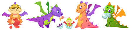 Fairy dragon cartoon characters with baby dinosaur. Magic creatures grandmother and grandfather, happy parents with fantasy child monster in egg. Smiling medieval reptiles collection.のイラスト素材