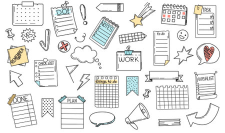Doodle hand drawing set of memo paper sheets, wishlist, to do list, sticky note, reminder, checklist and task list. speech bubbles and paper notes of various types isolated on white background.のイラスト素材