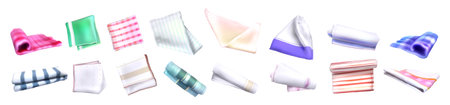 Vector realistic set of 3d folded napkins with checkered and lined print. Kitchen towels or tablecloths with plaid and striped pattern on white background.のイラスト素材