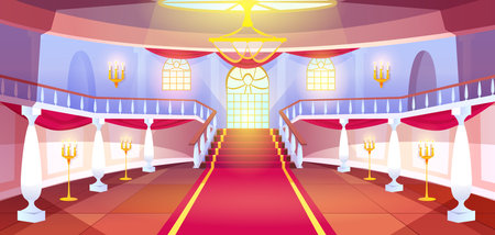 Cartoon empty hall interior with columns, stairs, arch windows and golden candle lamps in medieval royal castle. Hallway in luxury palace with balustrade, staircase and red carpet on floor.のイラスト素材