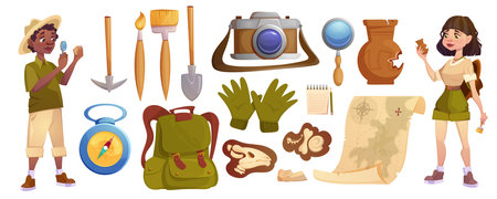Archaeologists exploring artifacts with excavation tools. Cartoon paleontology scientists studying dinosaurs fossil skeletons bones and ancient vase. Characters searching archeology elements.のイラスト素材